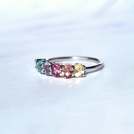 Rainbow Multicoloured Gemstone Half Eternity Ring in Sterling Silver