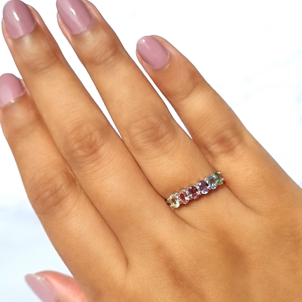 Rainbow Multicoloured Gemstone Half Eternity Ring in Sterling Silver
