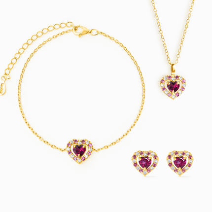 Valentine's Gift Set - Red Heart Rhodolite Garnet Jewellery Set in 18k Gold Vermeil