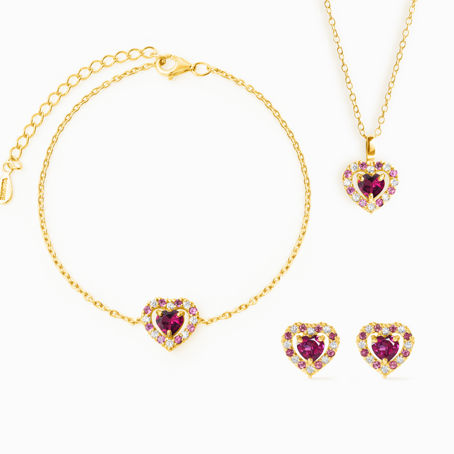 Valentine's Gift Set - Red Heart Rhodolite Garnet Jewellery Set in 18k Gold Vermeil