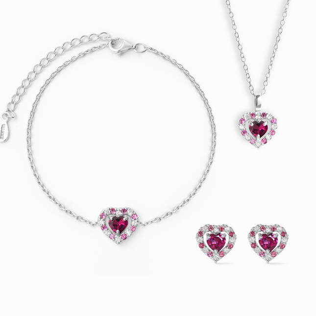 Valentine's Gift Set - Red Heart Rhodolite Garnet Jewellery Set in Sterling Silver