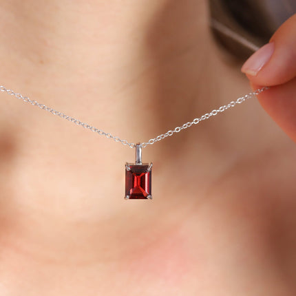 Garnet Emerald Cut Pendant Necklace in Sterling Silver
