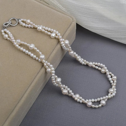 Natural Freshwater Pearl Twist Necklace Double Layer with 925 Silver Clasp Simple Elegance Egg Round Pearl Jewelry Accessory