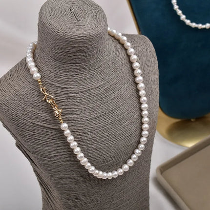 Natural Freshwater Pearl Necklace For Women 7mm Near Round White Bright Luster Screw Pearl Lightweight Clavicle Chain Necklace