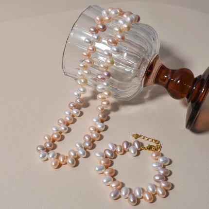 Natural Freshwater Pearl Rice Bead Necklace Bracelet Women's Mixed Color Three-Hole Candy Style Jewelry Simple Design