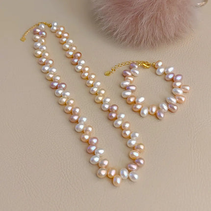 Natural Freshwater Pearl Rice Bead Necklace Bracelet Women's Mixed Color Three-Hole Candy Style Jewelry Simple Design