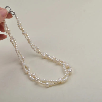 Natural Freshwater Pearl Twist Necklace Double Layer with 925 Silver Clasp Simple Elegance Egg Round Pearl Jewelry Accessory