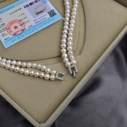 Natural Freshwater Pearl Necklace For Women 6-7m Near Round Vintage Multi-Layer Daily Qipao Elegant Fashion Clavicle Chain Jewelry
