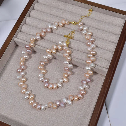 Natural Freshwater Pearl Rice Bead Necklace Bracelet Women's Mixed Color Three-Hole Candy Style Jewelry Simple Design