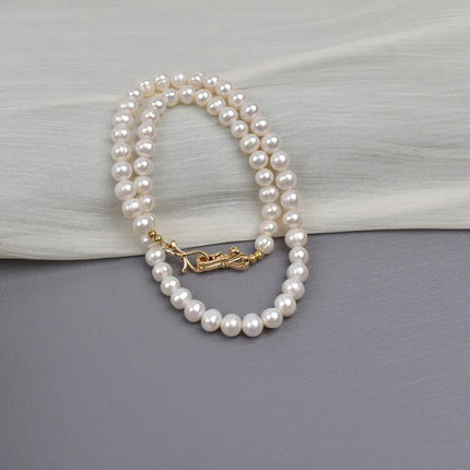Natural Freshwater Pearl Necklace For Women 7mm Near Round White Bright Luster Screw Pearl Lightweight Clavicle Chain Necklace
